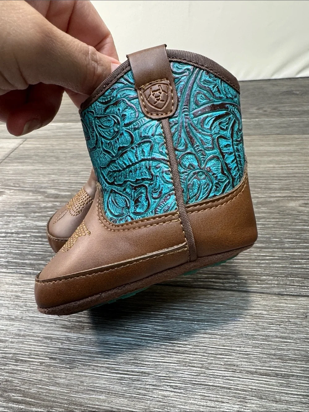 Ariat Brown and Teal Embossed baby Western Booties